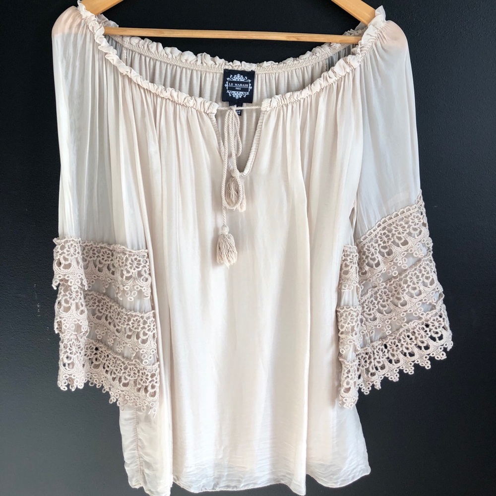 Le Marais Paris Beige Peasant Blouse Bell Sleeves